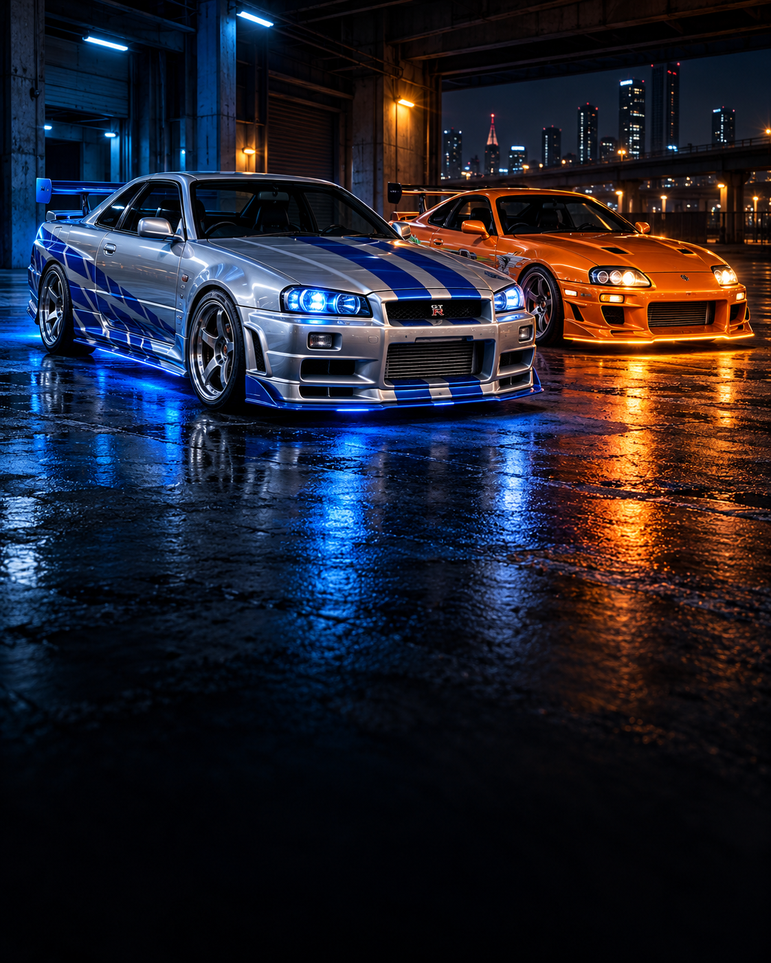 Arte temática de Velozes e Furiosos com Skyline e Supra