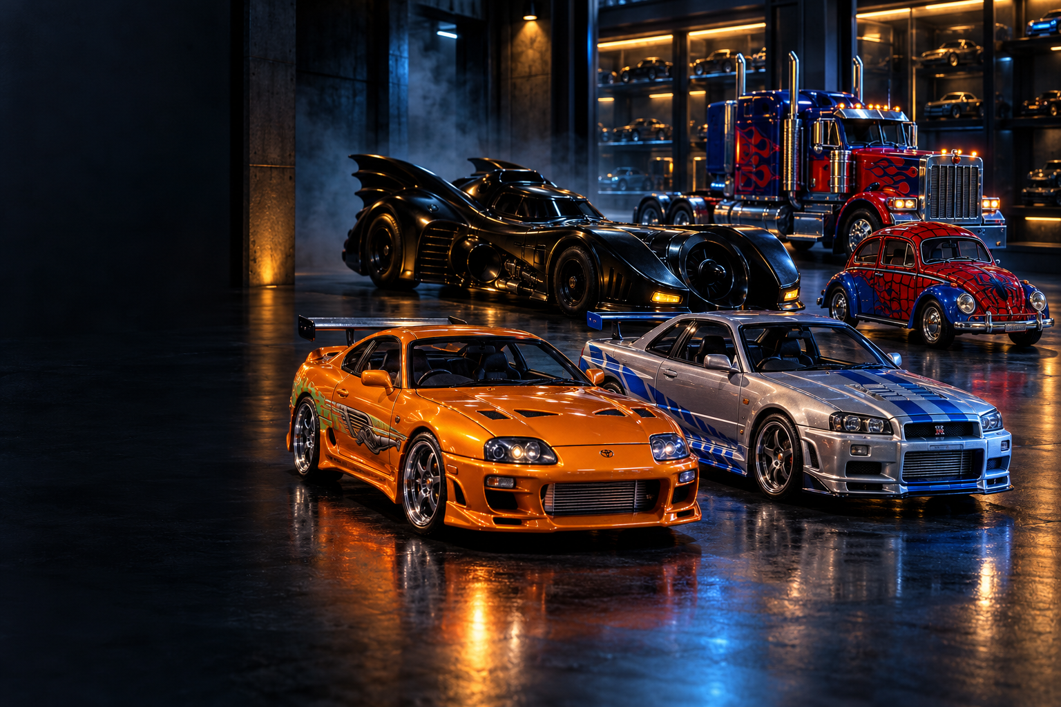 Arte temática com Supra, Skyline, Batmóvel, Fusca do Homem-Aranha e caminhão Optimus Prime em uma garagem de colecionador